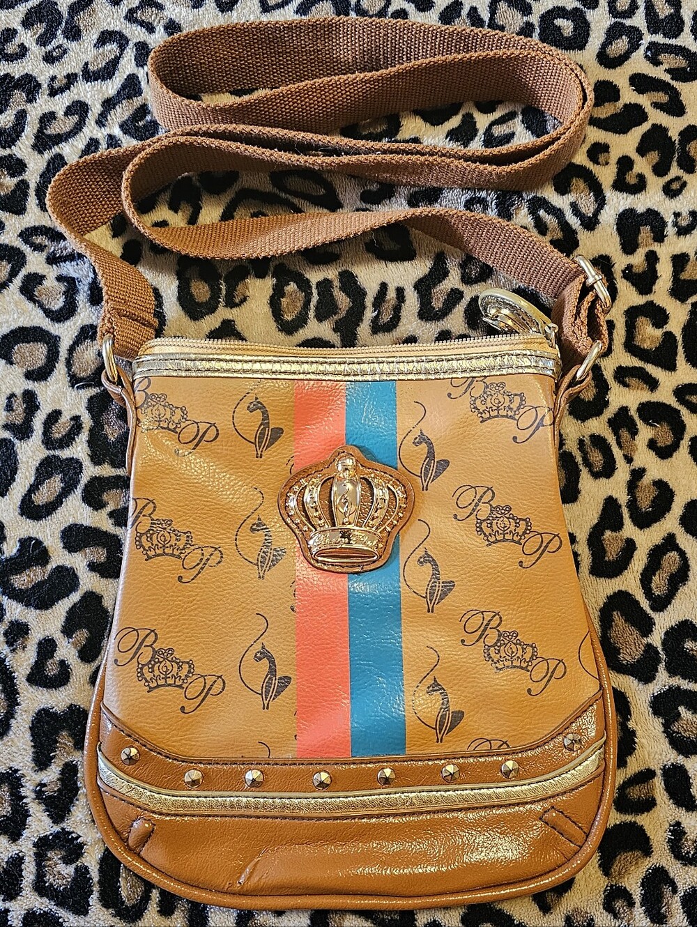 Baby Phat Y2K Vtg Adjustable Crossbody Purse Bag Gold Crown Blue Red Stripe Cat